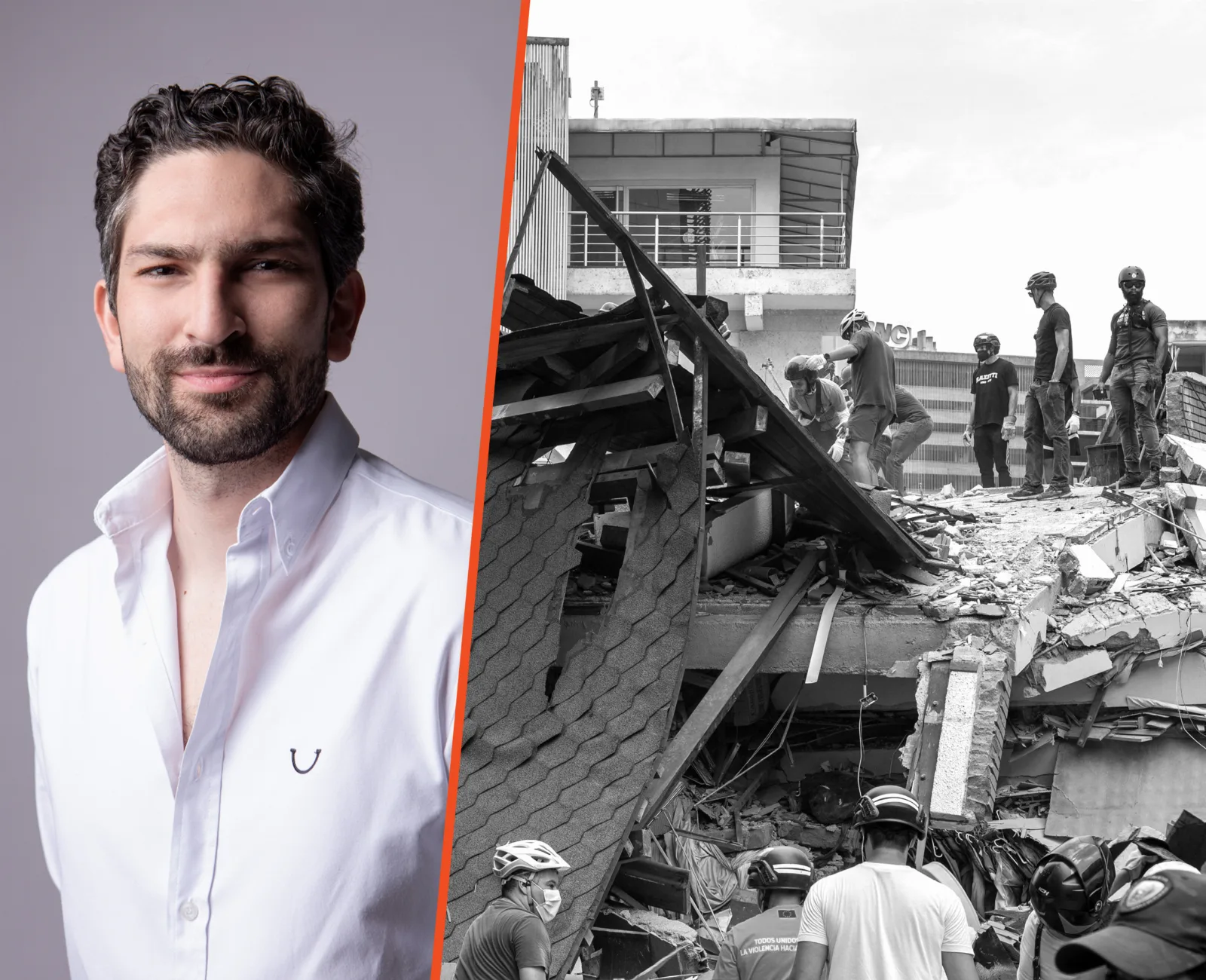 Periodista venezolano con celular y micrófono en zona afectada por terremoto